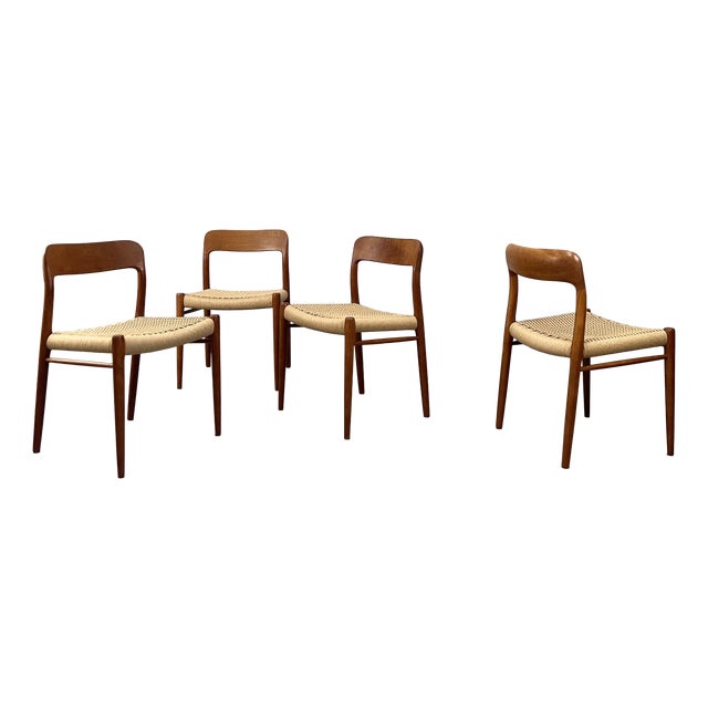 Teak Model 75 Chairs with Paper Cord Weave by Niels Otto Møller for JL Møllers Mobelfabrik, Set of 4 For Sale