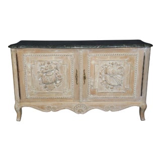 French White-Washed Carved Walnut Louis XV Style Faux Marble Commode Dresser For Sale