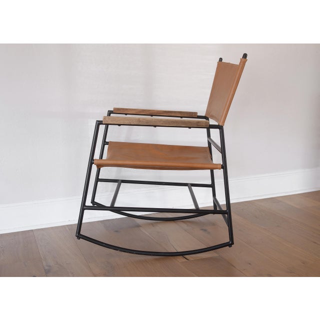 Mid Century Modern Style Metal and Leather Rocking Chair For Sale - Image 4 of 13