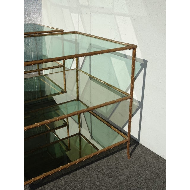Gold Pair of Vintage Three Tier Brass Bronze Side Tables W Etched Leaf Frames For Sale - Image 8 of 18