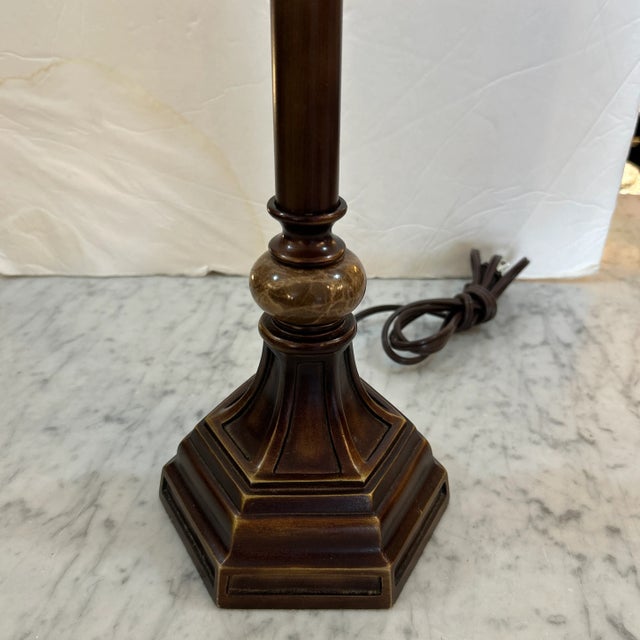 2010s Bronze Finish Metal and Stone Lamp With Custom Silk Shade For Sale - Image 5 of 9