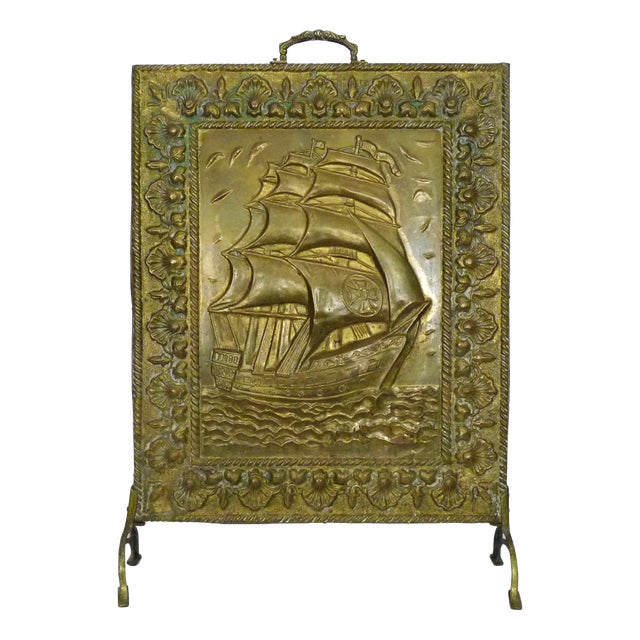 Vintage Brass Fire Screen with Sailboat Design, 1960s For Sale