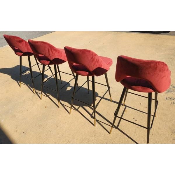 Contemporary Set of Four Eichholtz Avoiro Red Velvet Bar Stools For Sale - Image 3 of 5