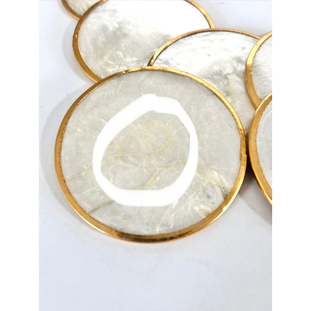 Vintage Capiz Shell Hollywood Regency Brass Coasters - Set of 10 For Sale - Image 10 of 10
