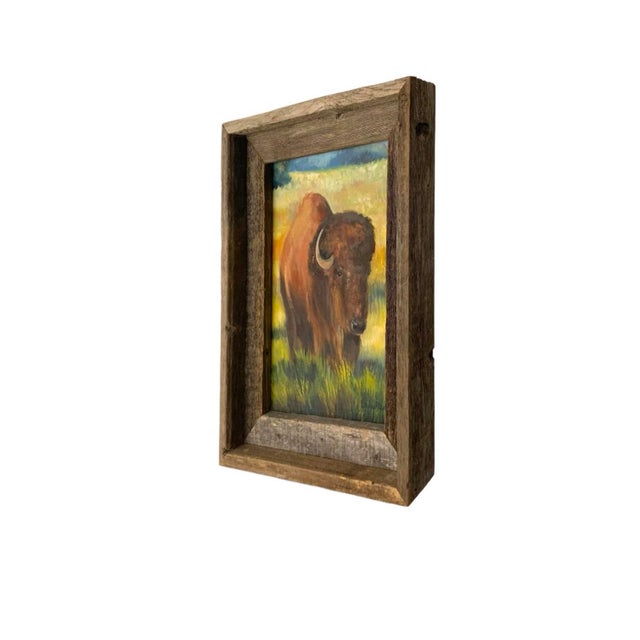 Native American Painting Buffalo in Field Oil on Canvas Signed Elaine Rhoades Vintage Original Art For Sale - Image 3 of 6