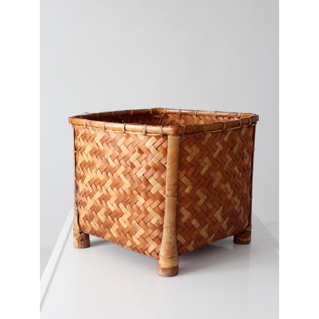 Vintage Woven Bamboo Storage Basket With Geometric Herringbone Pattern For Sale - Image 6 of 12
