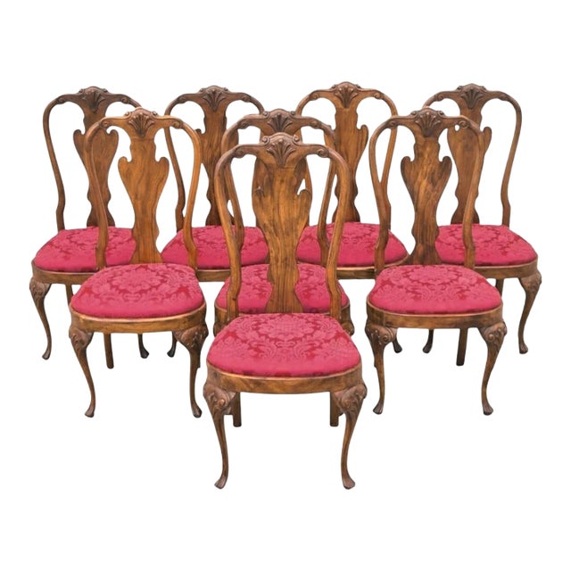 Vintage English Queen Anne Shell Carved Solid Wood Dining Side Chairs - Set of 8 For Sale