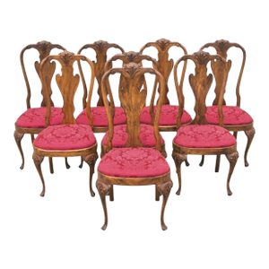 Vintage English Queen Anne Shell Carved Solid Wood Dining Side Chairs - Set of 8