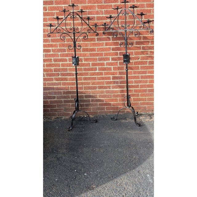 Black Antique Black Wrought Iron Floor Standing Candlabra For Sale - Image 8 of 11