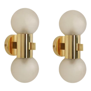 Brass and Satin Glass Sconces in the style of Sciolari, Germany, 1970s, Set of 2