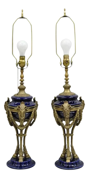 Late 20th Century French Empire Neoclassical Bronze Ram Head Cobalt Blue Porcelain Table Lamp Pair