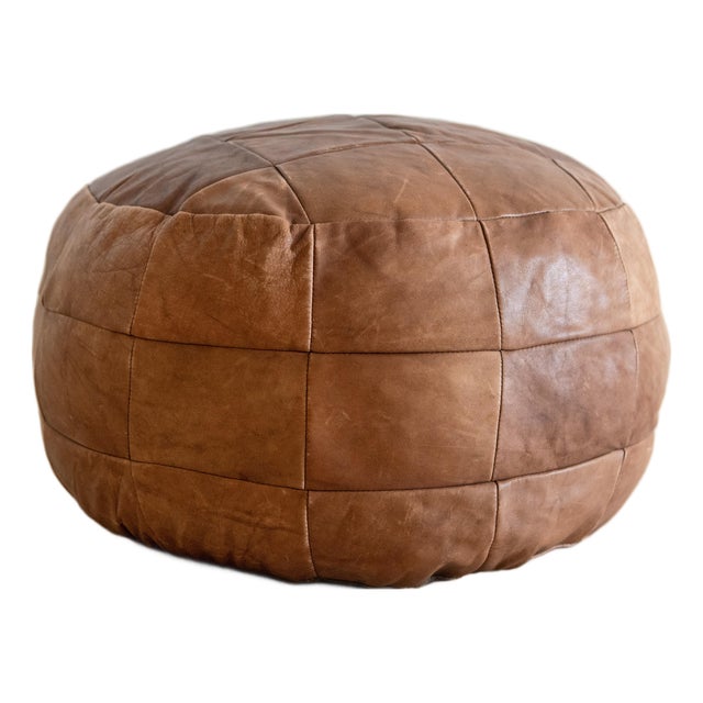 Vintage Cognac Leather Ottoman or Pouf Attributed to De Sede, Switzerland, 1970s For Sale