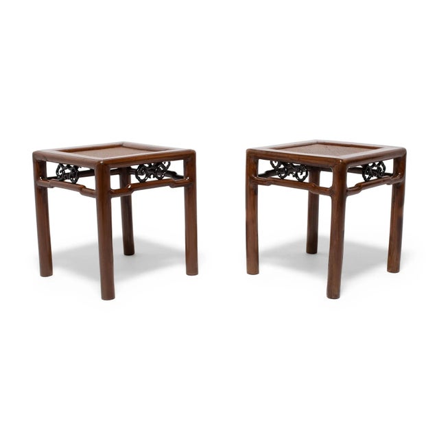 Brown Pair of Finely Woven Chinese Top Square Stools, Century 1850 For Sale - Image 8 of 8