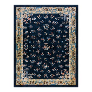 1920s Blue Navy Floral Classic Antique Chinese Peking Carpet 9'2'' X 11'8'' Knotted Wool Rug For Sale
