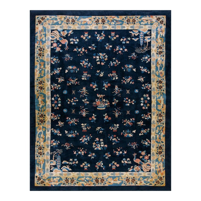 1920s Blue Navy Floral Classic Antique Chinese Peking Carpet 9'2'' X 11'8'' Knotted Wool Rug For Sale