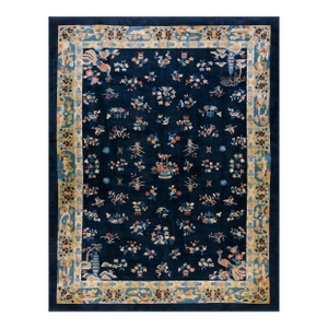 1920s Blue Navy Floral Classic Antique Chinese Peking Carpet 9'2'' X 11'8'' Knotted Wool Rug