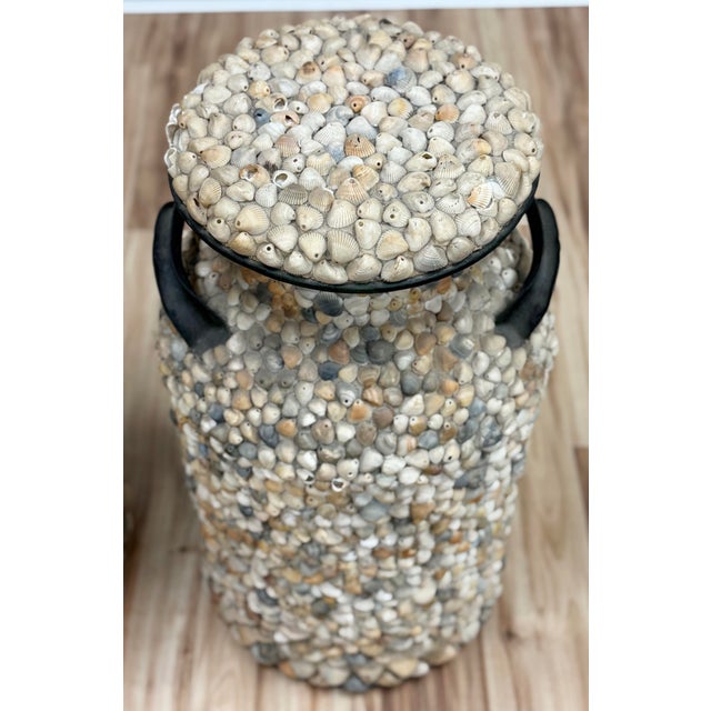 Metal Large Antique Shell Encrusted Milk Jugs, a Pair For Sale - Image 7 of 14