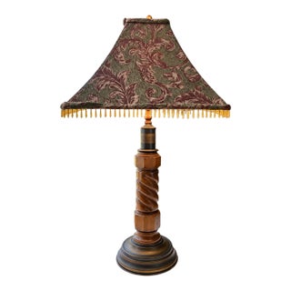 Vintage Carved Wood Table Lamp With Ornate Damask Shade, Beaded Fringe, Traditional European Style, Decorative Accent Lighting For Sale