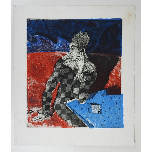 Vintage mid 20th century serigraph on paper print of surreal harlequin in red, black and blue. Unsigned. Unframed,...