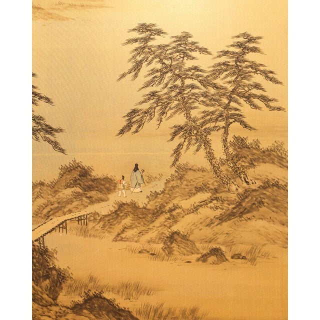Dating to circa 1880, this Japanese two-panel screen presents an idealized mountain landscape inspired by the classical...