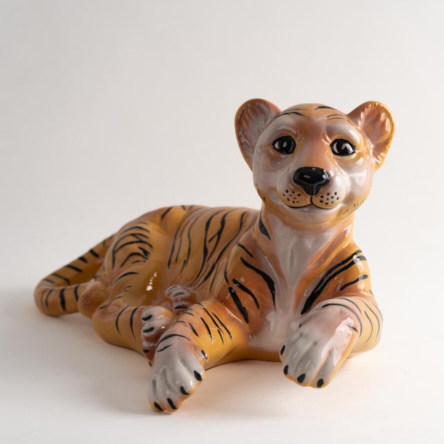 Mid-Century Modern Vintage Hand-Painted Ceramic Tiger Cub Figurine For Sale - Image 3 of 10