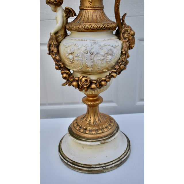 Antique Gilded Metal Lamp Renaissance Style Ornate Ewer Designed Figural Details For Sale - Image 9 of 17