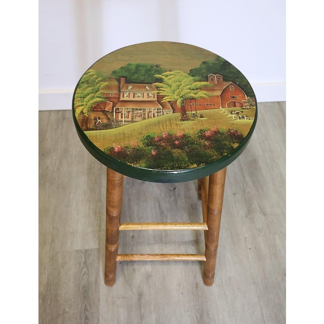 Wood 1994 Signed American Folk Art Hand-Painted Farm Scene Wood Counter Stool For Sale - Image 7 of 7