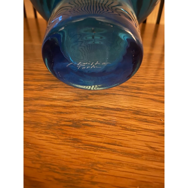Signed Blue Studio Art Glass Sculptural Vessel by Christian T. | Late 20th Century Modern Statement Vase For Sale - Image 4 of 8