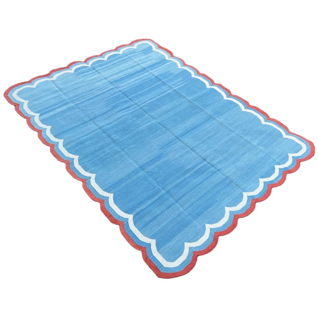 Handmade Cotton Area Rug Natural Vegetable Dyed Flat Weave Sky Blue Terracotta Border Four Side Scalloped Dhurrie - 8'x10' For Sale - Image 11 of 11