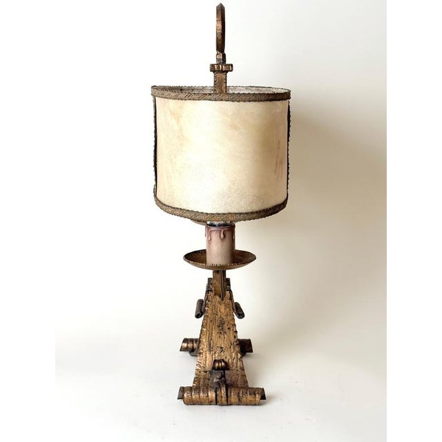 Large Florentine Gilt Iron Two-Light Table Lamp with Leather and Tapestry Shade, 1950s For Sale - Image 15 of 18