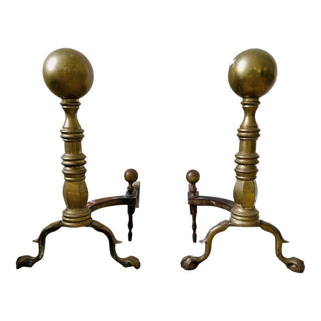 Vintage Federal Style Brass Cannonball Andirons—A Pair For Sale