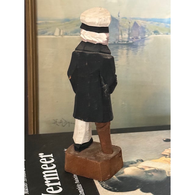 Nautical Vintage Arts & Crafts Carved Sea Captain With Pipe For Sale - Image 3 of 6