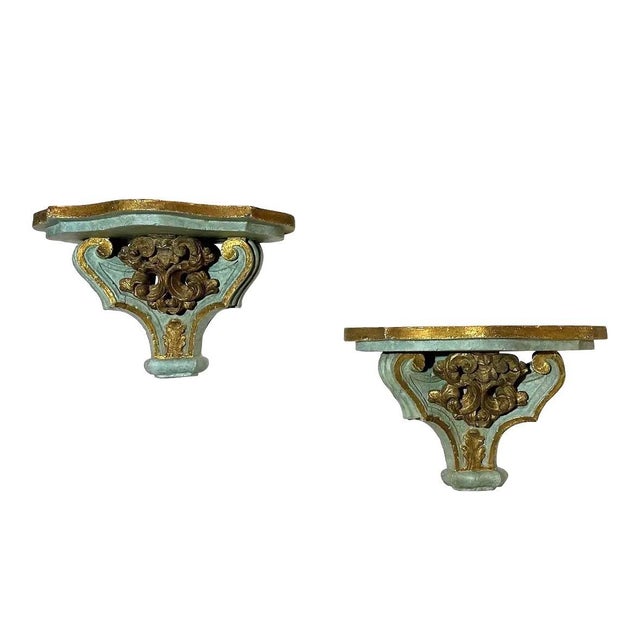 Gorgeous impressive set of wall brackets. The colors are so pretty, a warm gold on a muted celadon or dusty aqua is the...