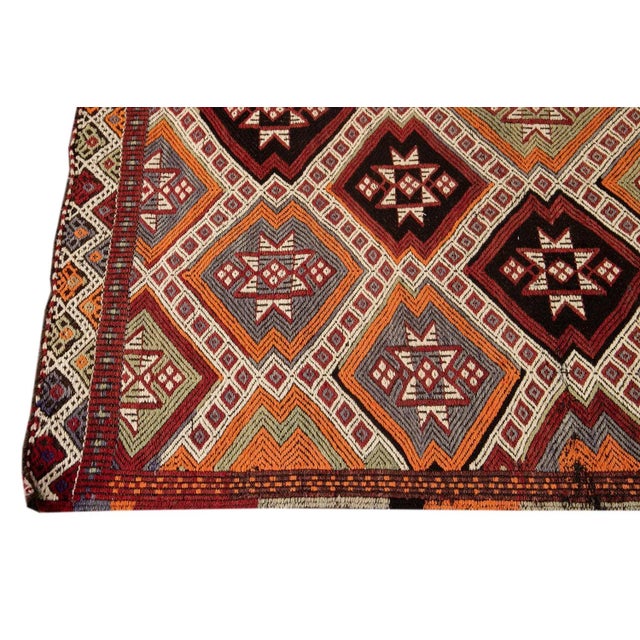 Mid 20th Century Vintage Turkish Sumakh Handmade Beige Geometric Wool Runner. For Sale - Image 5 of 13