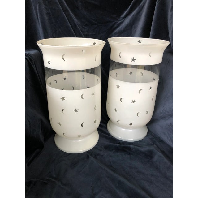 Glass Moon & Stars Decorated Large Scale Frosted Glass Hurricane Shades - A Pair For Sale - Image 7 of 7