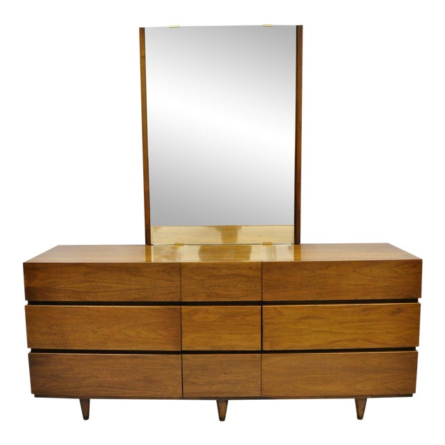 Mid Century Modern American of Martinsville Walnut Dresser Credenza & Mirror | Chairish