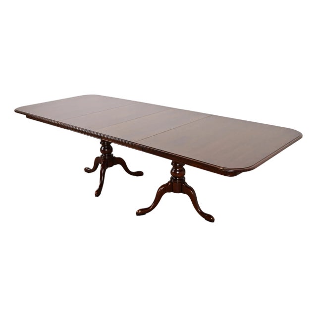 Henkel Harris Style Georgian Solid Cherry Wood Double Pedestal Extension Dining Table, Newly Refinished For Sale