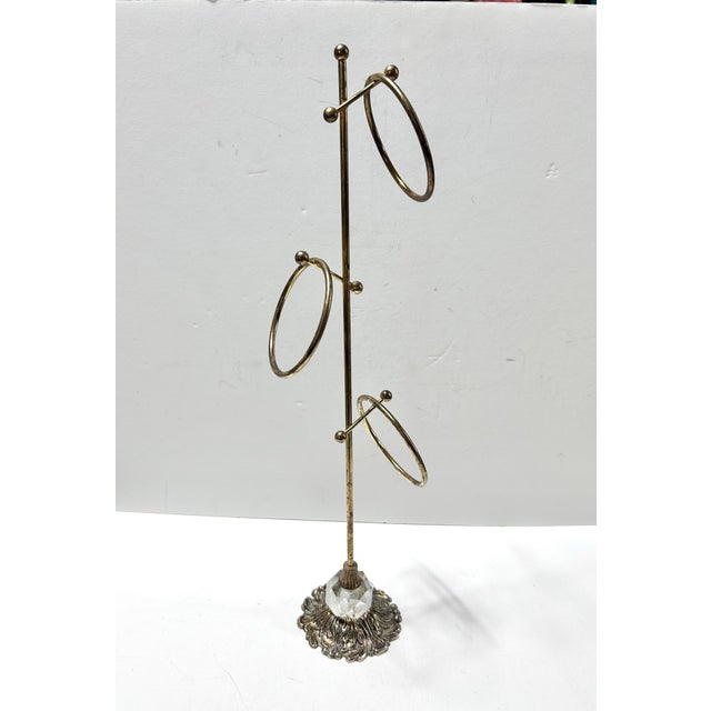 Hollywood Regency Vintage Brass Fingertip Towel Stand With Crystal Accent Base For Sale - Image 3 of 7