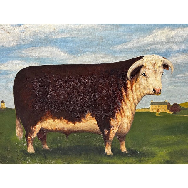 English Hereford Bull Oil Painting in the Manner of William Henry Davis – Framed British Pastoral Cattle Portrait Overview...