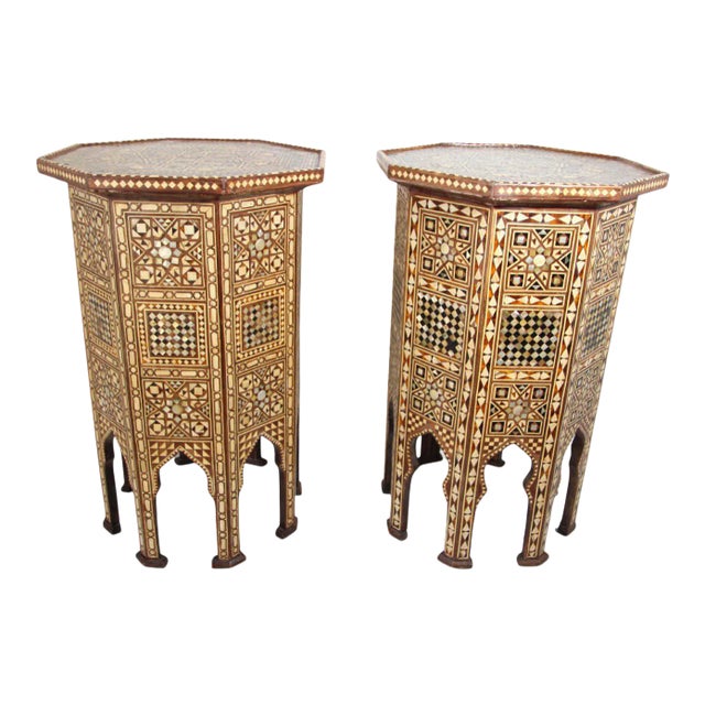Moorish Moroccan Octagonal Pedestal Tables Inlaid with Mosaic Marquetry - A Pair For Sale