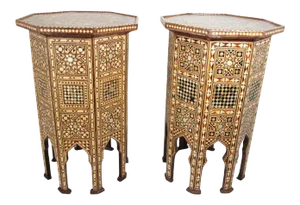 Moorish Moroccan Octagonal Pedestal Tables Inlaid with Mosaic Marquetry - A Pair