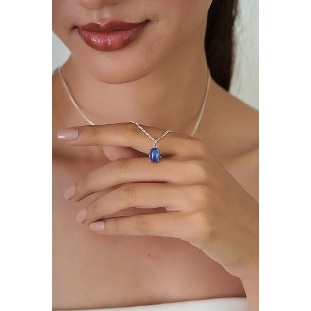 Blue Modernist 3.23ct Oval Cabochon Blue Sapphire Solitaire Pendant in 14k White Gold For Sale - Image 8 of 14
