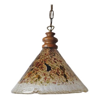 Cone-Shaped Hanging Lamp in Murano Glass and Oak, 1970s For Sale
