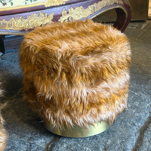 Metal Two 1970s Mid-Century Modern Brass and Fabric Poufs " Him and Her " For Sale - Image 7 of 14