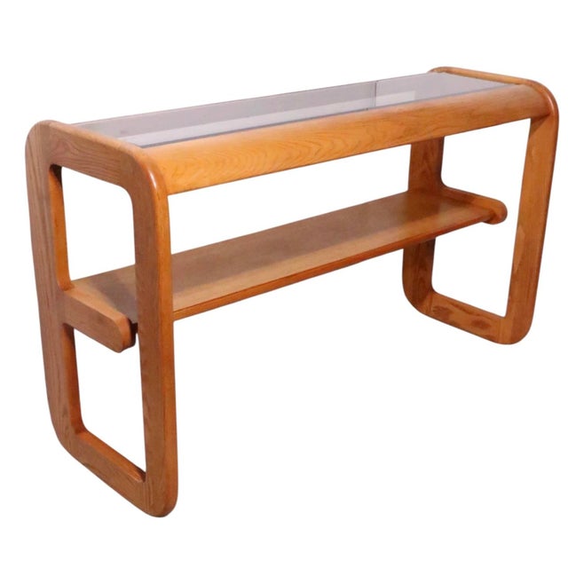 Brown Mid 20th Century Mod Lou Hodges Oak and Glass Console Table For Sale - Image 8 of 18
