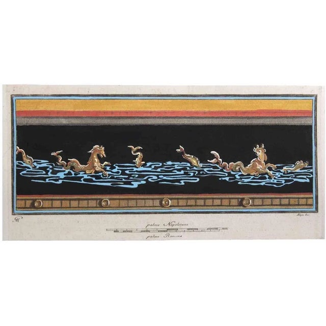 Sea horses is an etching realized by Giovanni Morghen, in the 18th Century. Hand watercolor d'apres. 12x23 cm. Good...