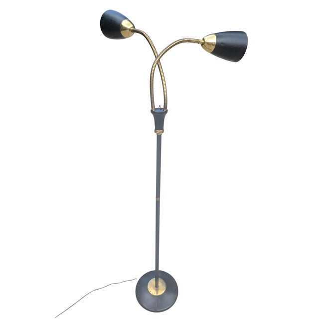 Mid-Century Modern Vintage Gerald Thurston for Lightolier Gooseneck Black and Gold Floor Lamp For Sale - Image 3 of 13