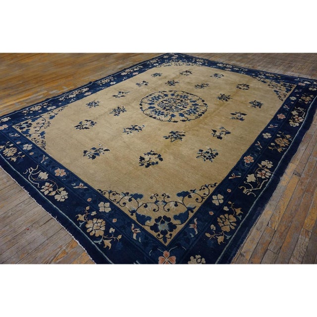 1920s Antique Ivory Field Floral Wool Knotted Chinese Peking Rug 9' 1"x 11' 9" For Sale In New York - Image 6 of 10