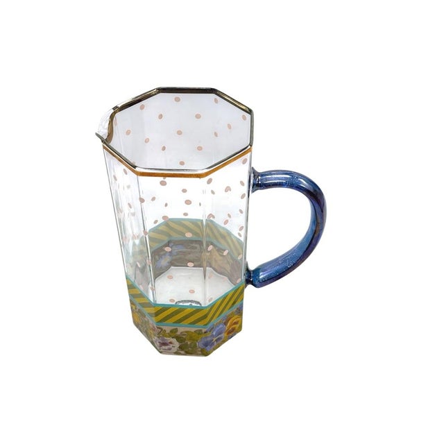 Mackenzie Childs 1980s Mackenzie Childs Garland Pink Dot Glass Pitcher Floral/Striped Octagonal Shape For Sale - Image 4 of 13