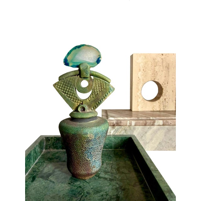 Contemporary Signed Helene Fielder Raku Ceramic Pottery Vessel With Agate Lid / 1980s Art Studio Pottery / 80s Modernist Vase For Sale - Image 3 of 13